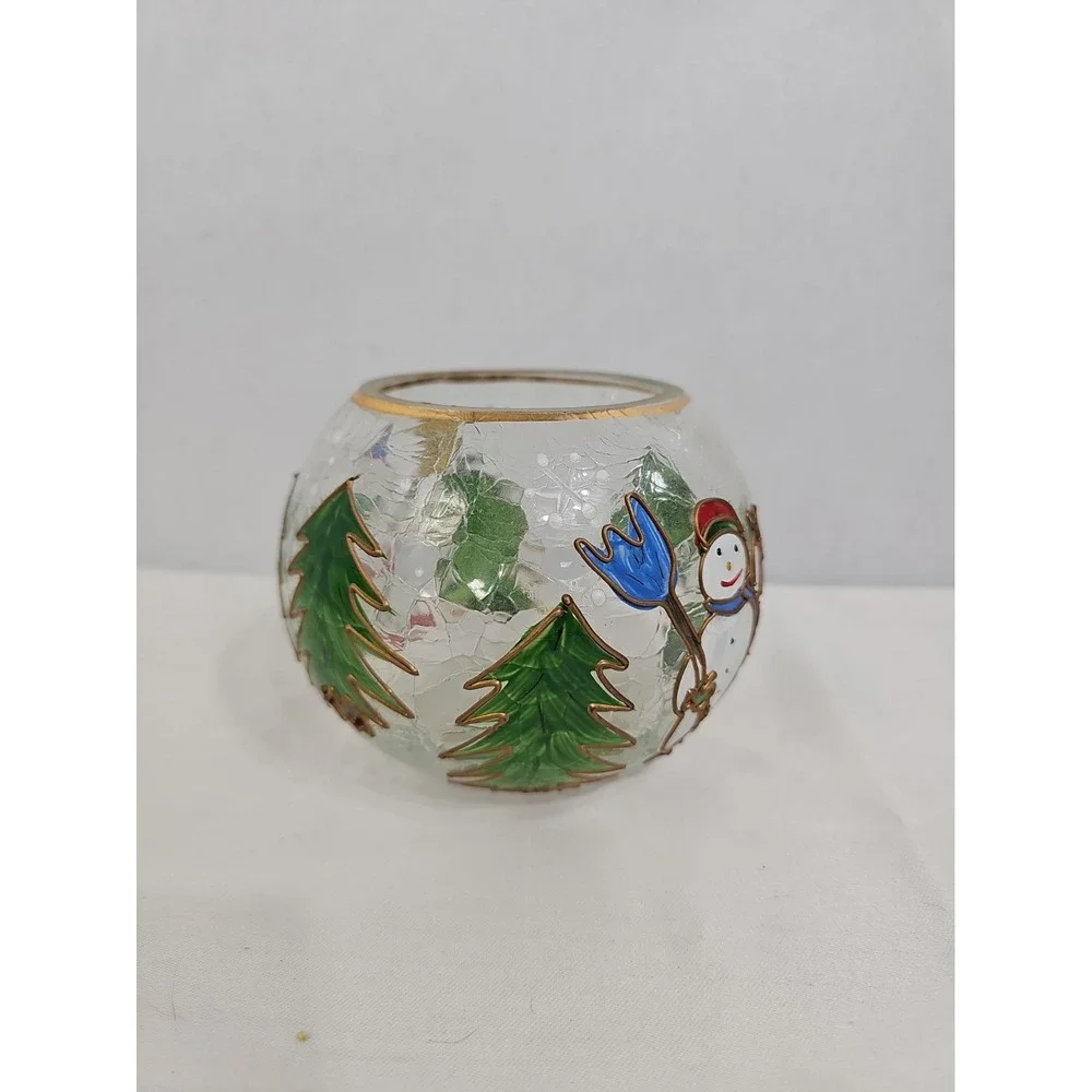 Crackle Glass Votive Hand Painted Snowman Christmas EUC